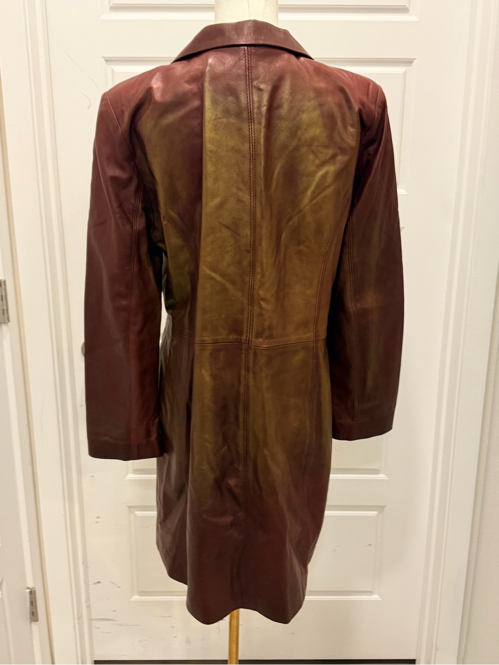 Johenic Leather Button-Front Coat in Deep Brick Red and Shimmering Gold Finish - Picture 9 of 12